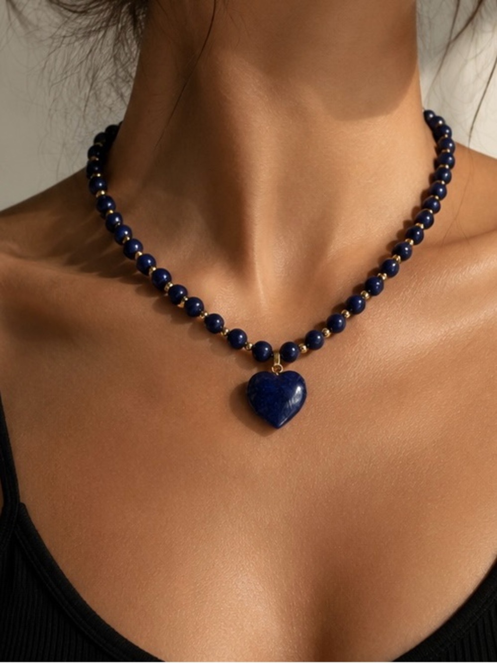 Lapis Blue Beaded Heart Pendant Chocker Necklace